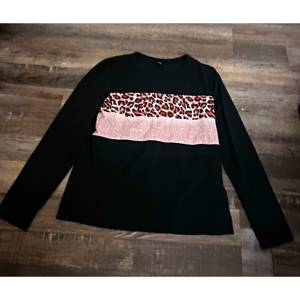 RANLEGE Black Colorblock Leopard Print Jersey Stretch T-Shirt Round Neck M